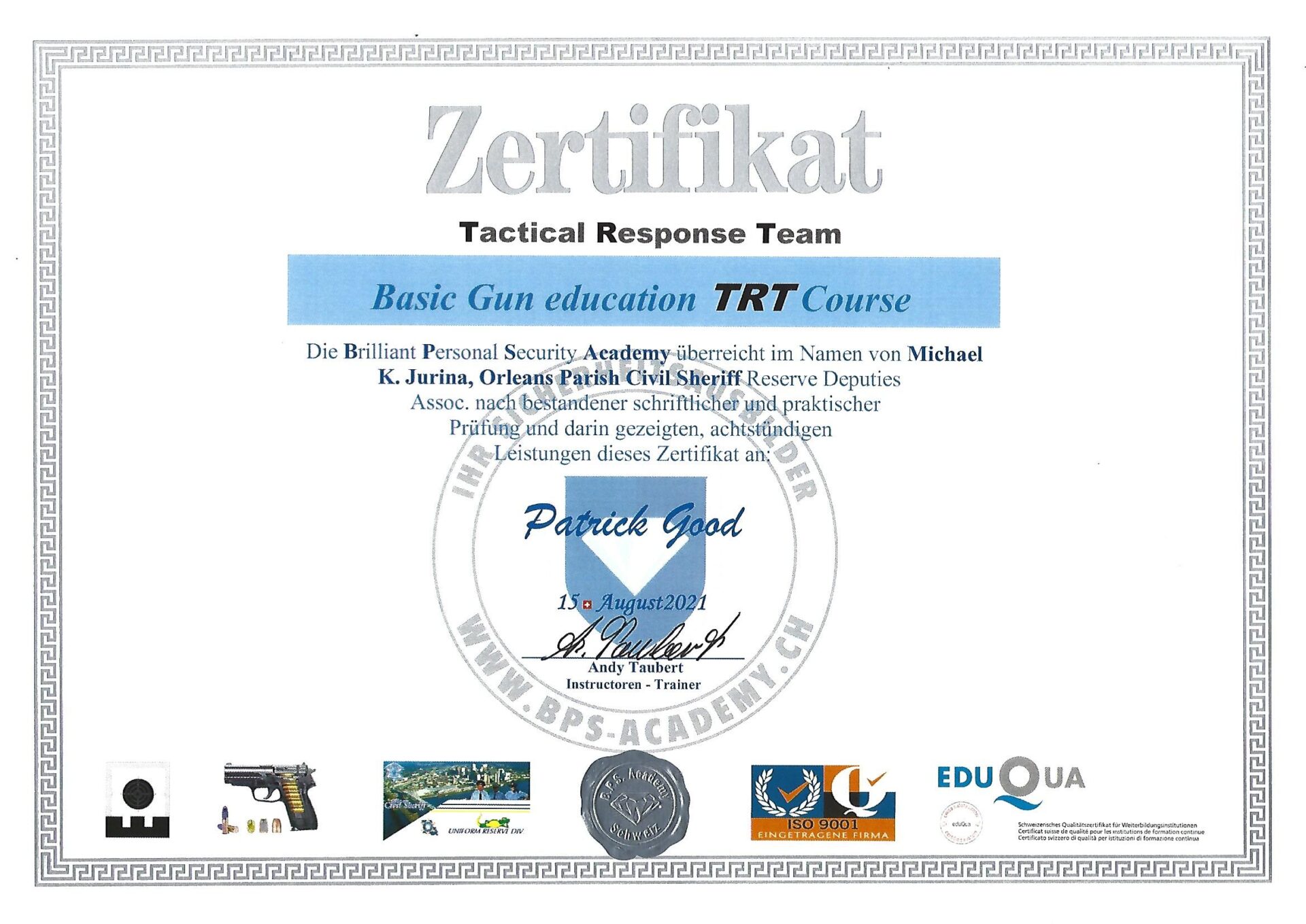 Zertifikat TRT Gun Patrick Good